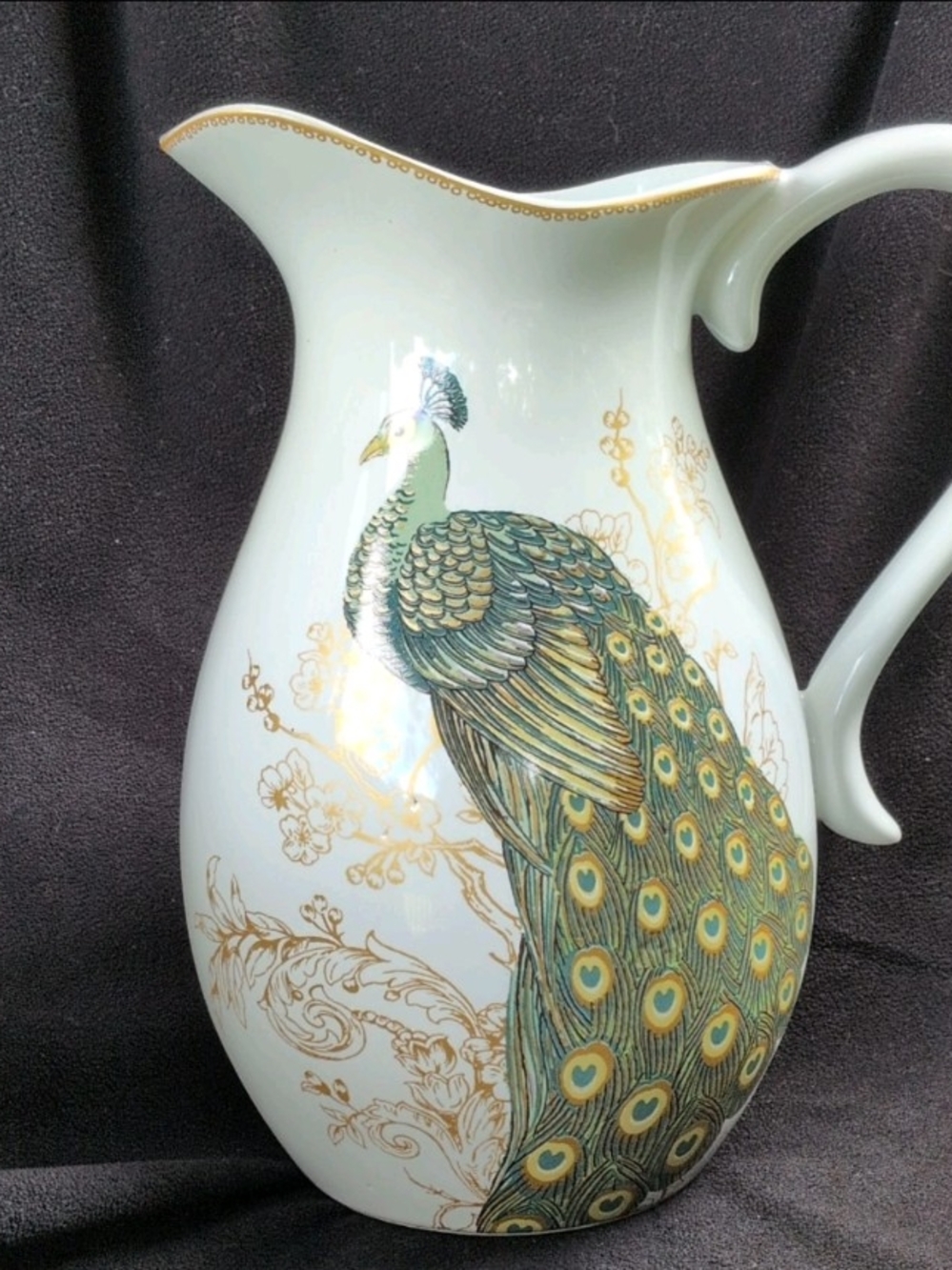 222 Fifth White Ceramic Pitcher with Green and Gold Peacock Motif